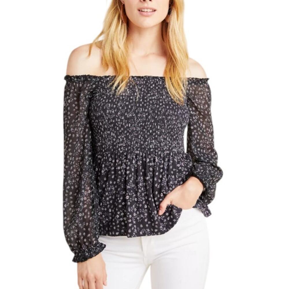 Anthropologie Blue Erica Floral Smocked Off The Shoulder Top